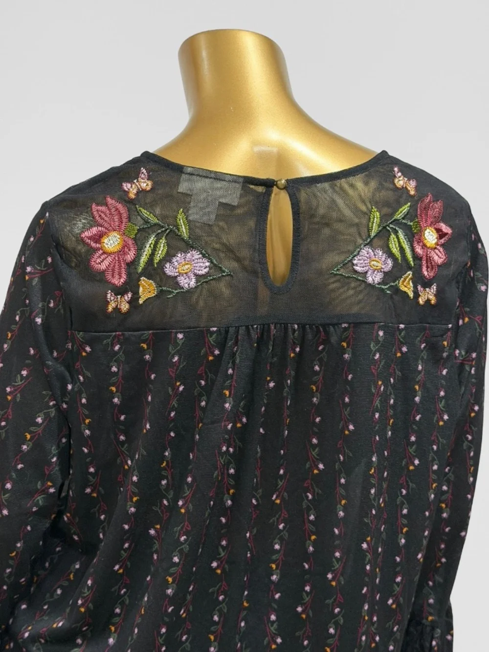 Style & Co. Black Multi-Floral Embroidered Lined Mesh Long-Sleeve Top Size 1X - Picture 4 of 8